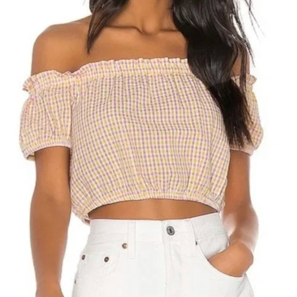 BCBGeneration Off-The-Shoulder Plaid Cropped Top